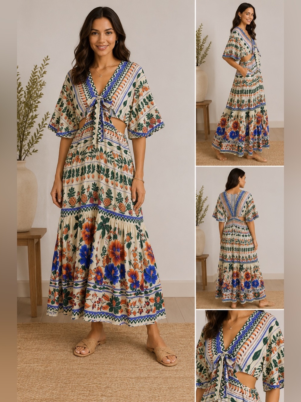 FARM Rio Anthropologie Tropical Botanical Tiered Maxi Dress Medium Boho